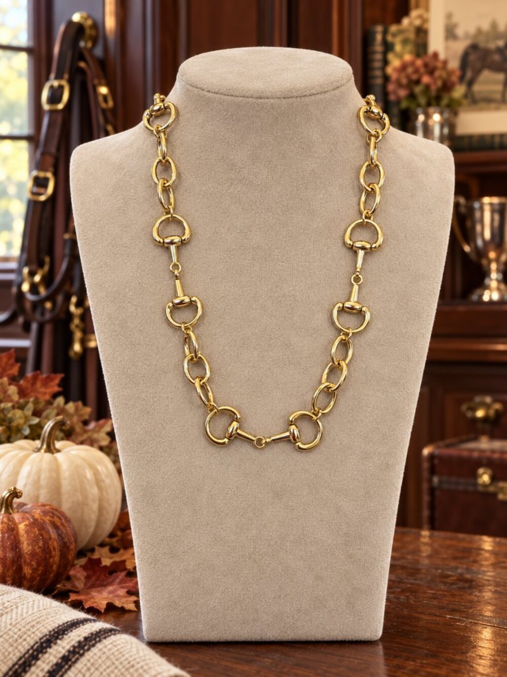 Gold Horse Bit Necklace, Equestrian Statement Necklace, Gold Link Snaffle Bit Je